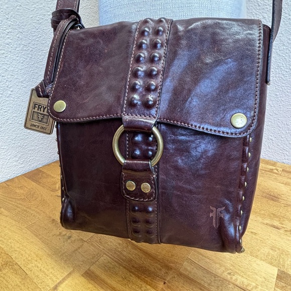 Frye Handbags - RARE Frye Studded Leather Crossbody Messenger Flap Bag Dark Brown